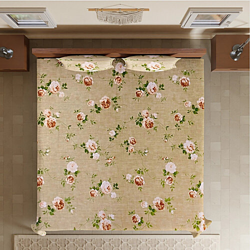 Sarangi Creations King Size Bedsheet With 2 Pillow Covers Cotton 120 TC  - Floral Design, Beige, 1 Set  