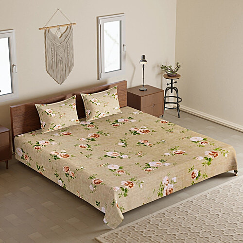 Sarangi Creations King Size Bedsheet With 2 Pillow Covers Cotton 120 TC  - Floral Design, Beige, 1 Set  
