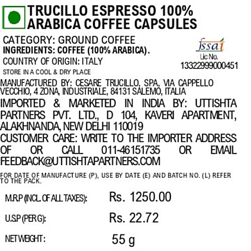 Trucillo IL Mio Espresso Arabica Coffee Capsule, 50 g (10x5 g) Compatible Nespresso Machine Capsules, Ground Coffee