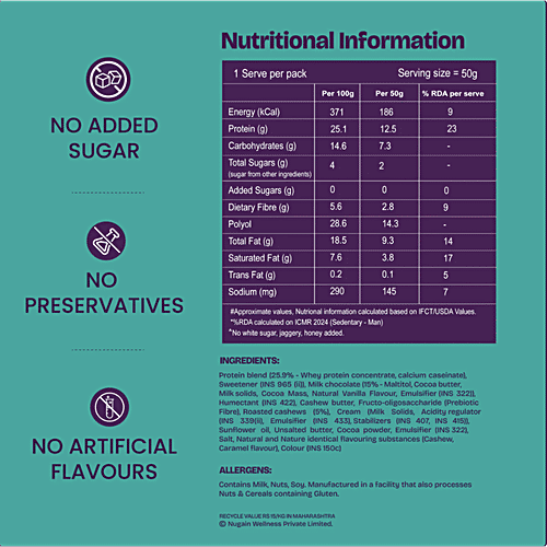 Nuvie Cashew Caramel Flavour Protein Chocolate Bar, 50 g  