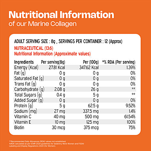 Nutriburst Orange Flavour Japanese Marine Collagen, 100 g High Absorption 8 g Collagen