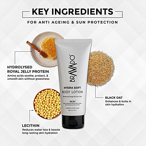Bravado Hydra Soft Body Lotion For Men, 100 ml Moisture Surge for Dry Skin, With Hydrolysed Royal Jelly Protein, Black Oat Extract & Lecithin, Suitable for All Skin Types