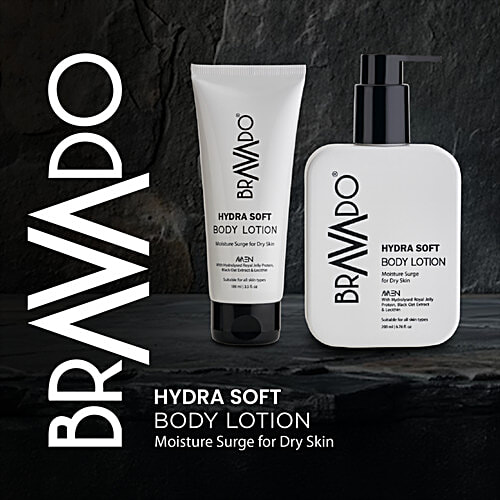 Bravado Hydra Soft Body Lotion For Men, 100 ml Moisture Surge for Dry Skin, With Hydrolysed Royal Jelly Protein, Black Oat Extract & Lecithin, Suitable for All Skin Types