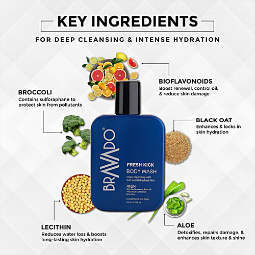 Bravado Fresh Kick Body Wash For Men, 200 ml  Deep Cleansing with Soft & Refreshed Skin, Suitable for All Skin Types, With Bioflavonoids/Broccoli/Aloe/Black Oat Extract & Lecithin