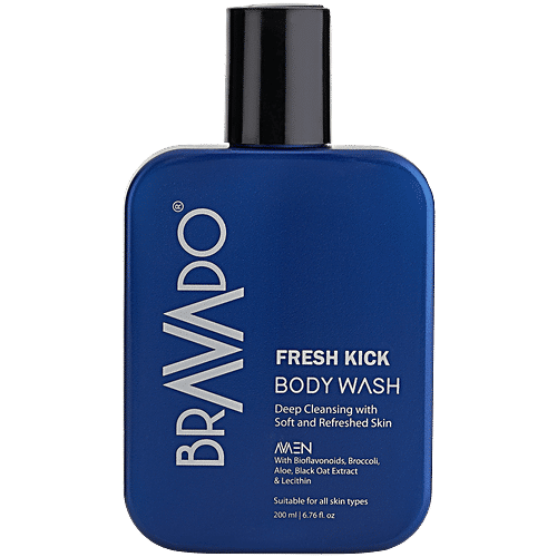 Bravado Fresh Kick Body Wash For Men, 200 ml  Deep Cleansing with Soft & Refreshed Skin, Suitable for All Skin Types, With Bioflavonoids/Broccoli/Aloe/Black Oat Extract & Lecithin
