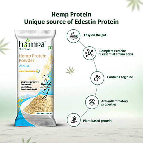 Hampa Nutrition Vanilla Hemp Protein Powder, 23 g  No Added Sugar, Lactose Free, Easy To Digest, Gluten Free