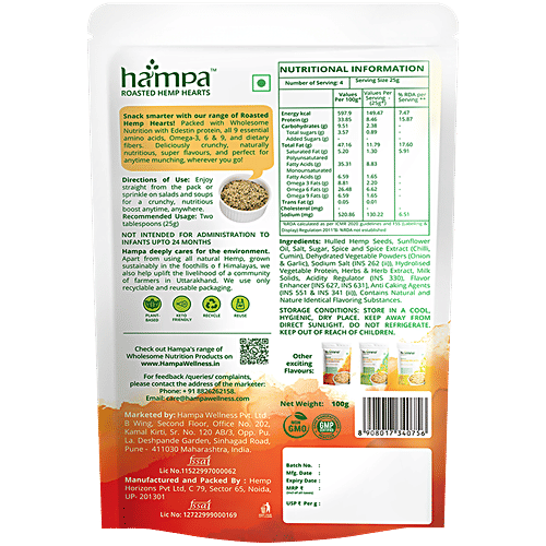 Hampa Nutrition Roasted Hemp Hearts With Chipotle, 100 g  Wholesome Nutrition, Edestin Protein, Omega 3+6+9, Dietary Fibres