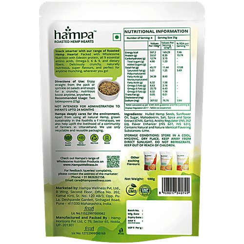 Hampa Nutrition Roasted Hemp Hearts With Sweet Lime, 100 g  Wholesome Nutrition, Edestin Protein, Omega 3-6+9 in Golden Ratio, Dietary Fitres