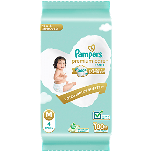 Pampers Premium Care Diaper Pants - M, 7-12 kg, 4 pcs Derma Tested, Up to 100% Leak Proof, Anti Rash Blanket, 360 Degree Cottony Softness