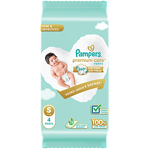 Pampers  Premium Care Diaper Pants - S, 4-8 kg, 4 pcs  Derma Tested, Up to 100% Leak Proof, Anti Rash Blanket, 360 Degree Cottony Softness