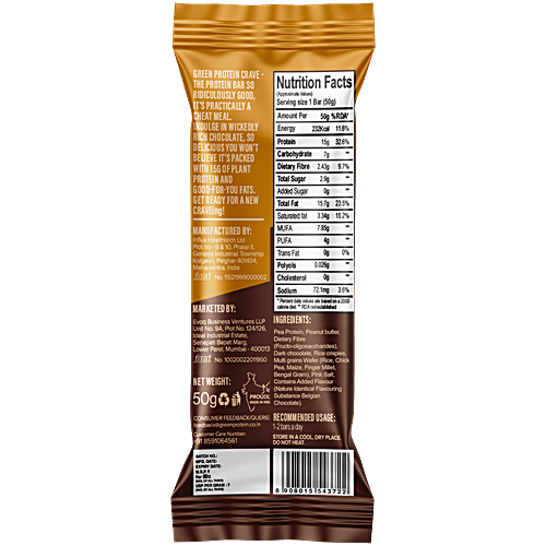 Green Protein Crave Chocolate Peanut Butter Protein Snack Bar, 50 g  No Added Sugar