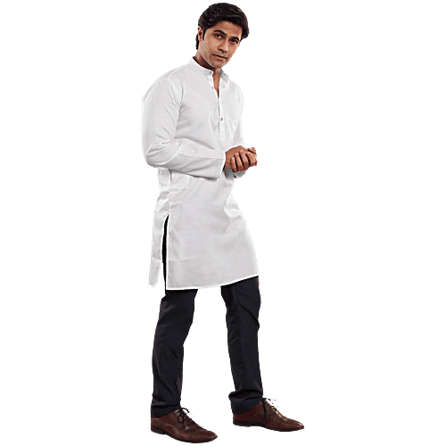House of Festivals Men's White Long Kurta, 1 pc (Size - XL) Cotton Blend, Plain Design