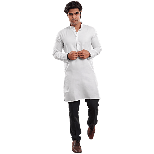 House of Festivals Men's White Long Kurta, 1 pc (Size - XXL) Cotton Blend, Plain Design
