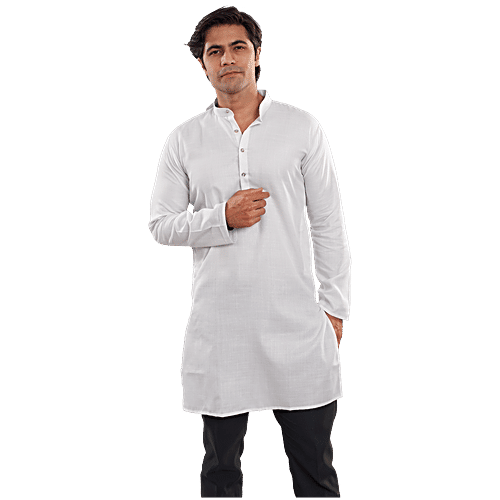 House of Festivals Men's White Long Kurta, 1 pc (Size - XXL) Cotton Blend, Plain Design
