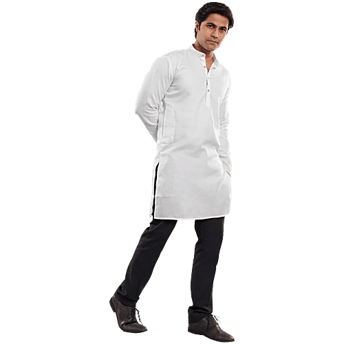 House of Festivals Men's White Long Kurta, 1 pc (Size - XXL) Cotton Blend, Plain Design