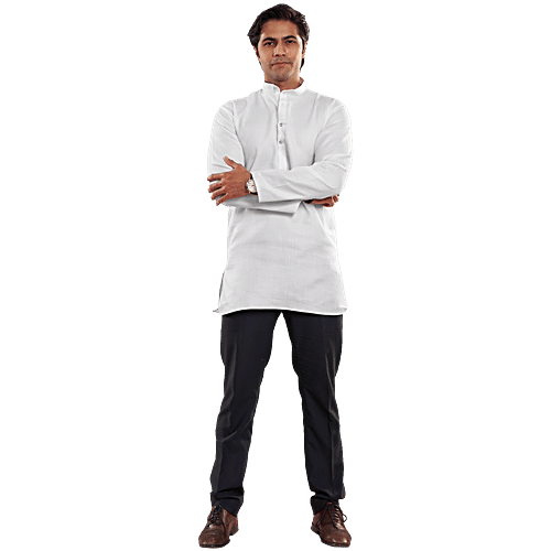 House of Festivals Men's White Short Kurta, 1 pc (Size - XXL) Cotton Blend, Plain Design