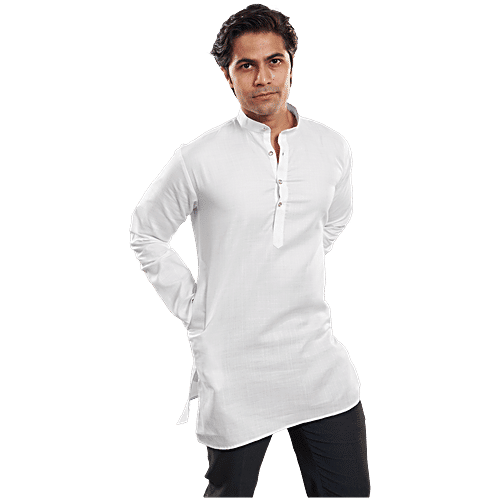 House of Festivals Men's White Short Kurta, 1 pc (Size - XXL) Cotton Blend, Plain Design