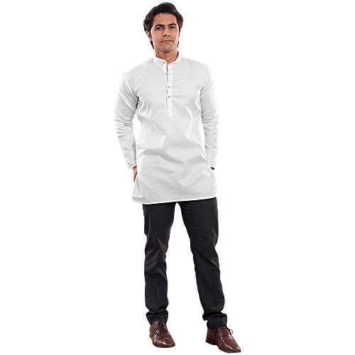 House of Festivals Men's White Short Kurta, 1 pc (Size - XXL) Cotton Blend, Plain Design