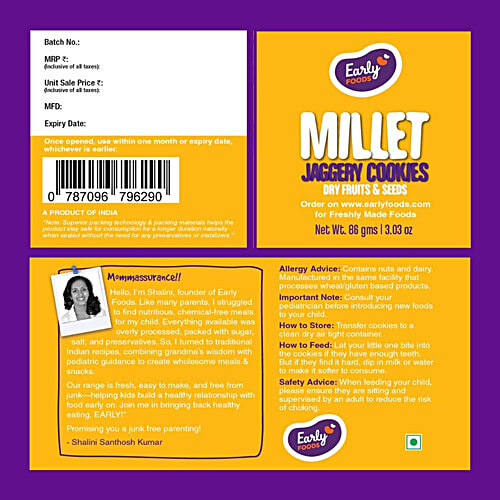 Early Foods Dryfruits & Seeds Millet Jaggery Cookies, 86 g  No Maida, No Refined Sugar, No Additives