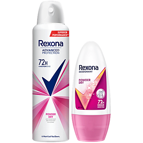 Rexona-Deo Powder Dry Deodorant Spray + Roll-On - 72H Odour Protection, 2 pcs (200ml + 50ml) 