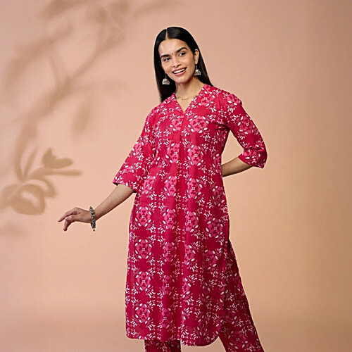 Daali Fuschia Cotton Regular Fit Printed Kurta, 1 Set (Size - XL)