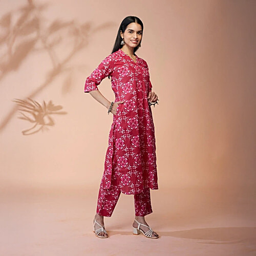 Daali Fuschia Cotton Regular Fit Printed Kurta, 1 Set (Size - XL)