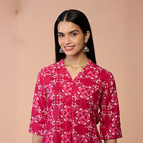 Daali Fuschia Cotton Regular Fit Printed Kurta, 1 Set (Size - XL)