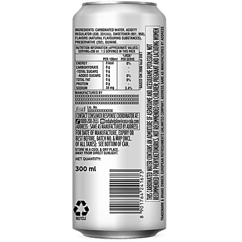 Schweppes Zero Sugar Tonic Water, 300 ml Contains Quinine