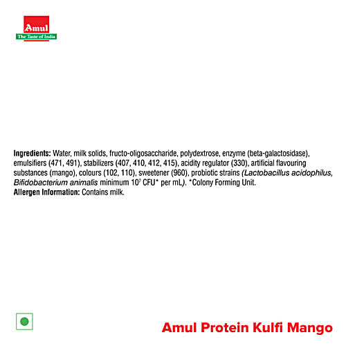 Amul Mango Flavour Protein Kulfi, 60 ml (Pack of 4) Lactose Free, Zero Added Sugar, Prebiotic, Probiotic