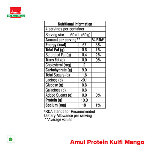 Amul Mango Flavour Protein Kulfi, 60 ml (Pack of 4) Lactose Free, Zero Added Sugar, Prebiotic, Probiotic