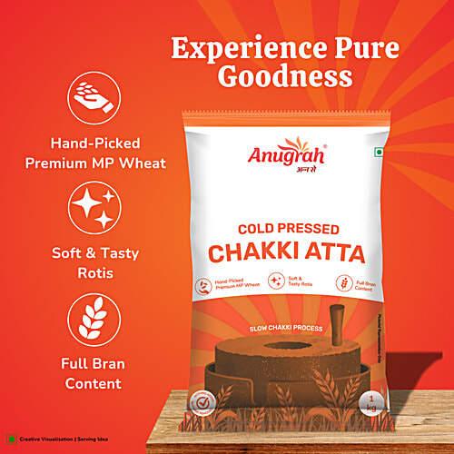 Anugrah Cold Pressed Chakki Atta, 1 kg Hand-Picked Premium MP Wheat, Soft & Tasty Rotis, Full Bran Content, Slow Chakki Process