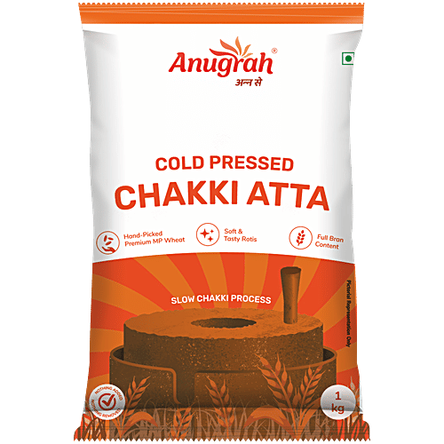Anugrah Cold Pressed Chakki Atta, 1 kg Hand-Picked Premium MP Wheat, Soft & Tasty Rotis, Full Bran Content, Slow Chakki Process
