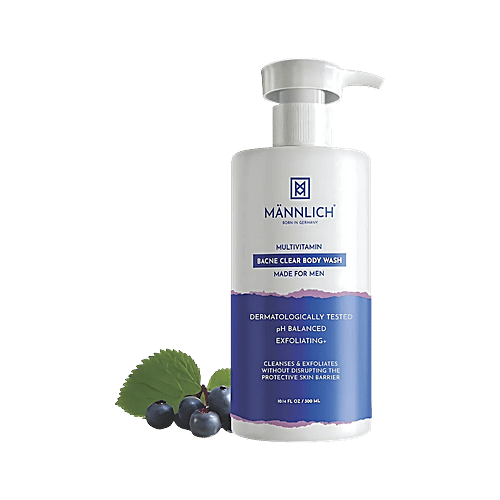 Mannlich 2% Salicylic Acid Acne Free Body Wash - SLS Free, 300 ml Exfoliating, pH Balanced, Dermatologically Tested, 2% Salicylic Acid