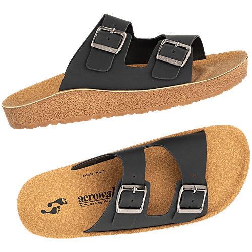 Aerowalk KC71 Men's Casual Slippers - Black & Beige, 1 Pair (EU-42/IND-8) For Daily Use