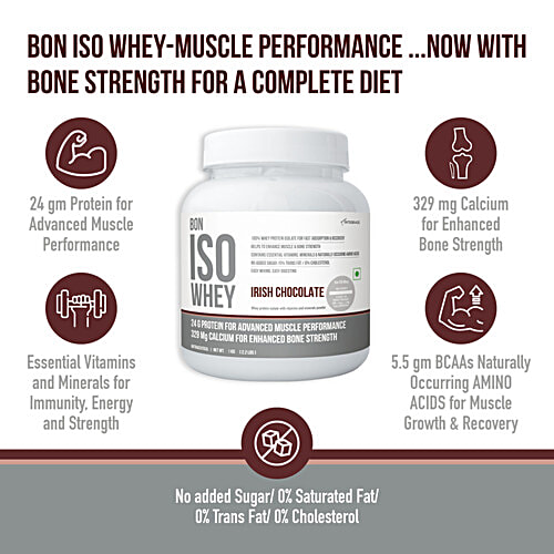 Bon Iso Whey Irish Chocolate Whey Protein Isolate, 1 kg  Muscle Strength, Bone Health, Essential Vitamins & Minerals|, No Added Sugar, Easy Digestion