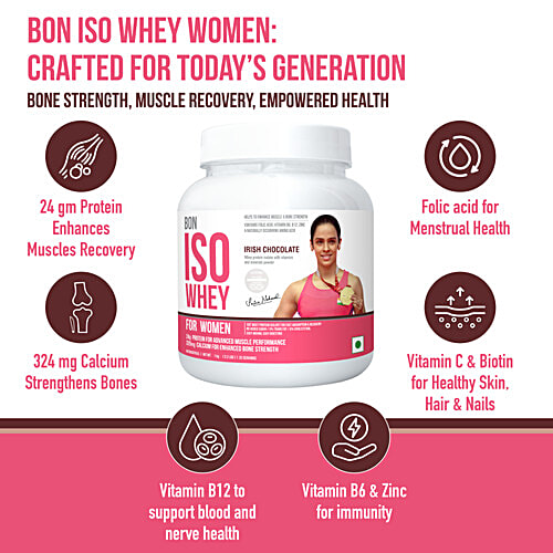 Bon Iso Whey Irish Chocolate Whey Protein Isolate For Women, 1 kg  No Added Sugar, Easy Digesting, 0% Tans Fat, 0% Cholestrol, Easy Mixing