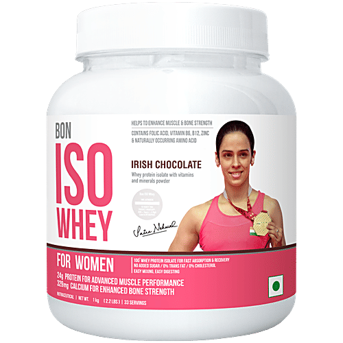 Bon Iso Whey Irish Chocolate Whey Protein Isolate For Women, 1 kg  No Added Sugar, Easy Digesting, 0% Tans Fat, 0% Cholestrol, Easy Mixing