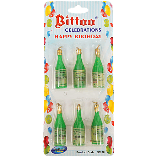 Prosperro Lumo By Parkash Champagne Bottle Happy Birthday Candle - Green, 6 pcs