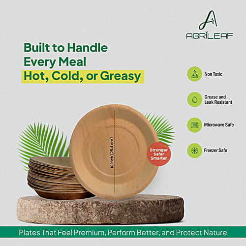 Agrileaf Round Areca Palm Leaf Plates For Meals - 25.4 cm, 10 pcs Eco-Friendly & Disposable