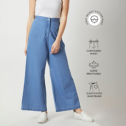 Miss Chase Blue High Rise Regular Length Clean Look Flared Wide Leg Light Weight Denim Pant, 1 pc (Size - 30) 