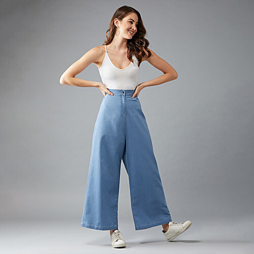 Miss Chase Blue High Rise Regular Length Clean Look Flared Wide Leg Light Weight Denim Pant, 1 pc (Size - 30) 