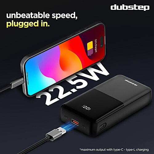 Dubstep Powerblitz X5 20,000mAh Powerbank With Dual USB & Type-C, LED Battery Indicator - Black, 1 pc  