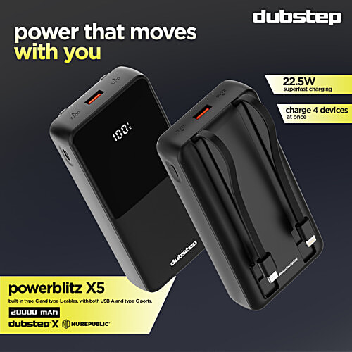 Dubstep Powerblitz X5 20,000mAh Powerbank With Dual USB & Type-C, LED Battery Indicator - Black, 1 pc  