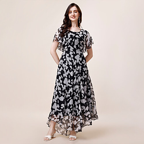 Fashion2wear Women Flutter Sleeves Abstract Printed Fit & Flare Maxi Dress - Black, 1 pc (Size - M) 