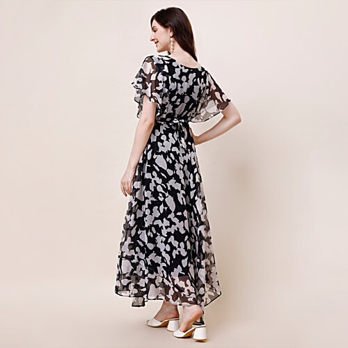 Fashion2wear Women Flutter Sleeves Abstract Printed Fit & Flare Maxi Dress - Black, 1 pc (Size - XXL) 