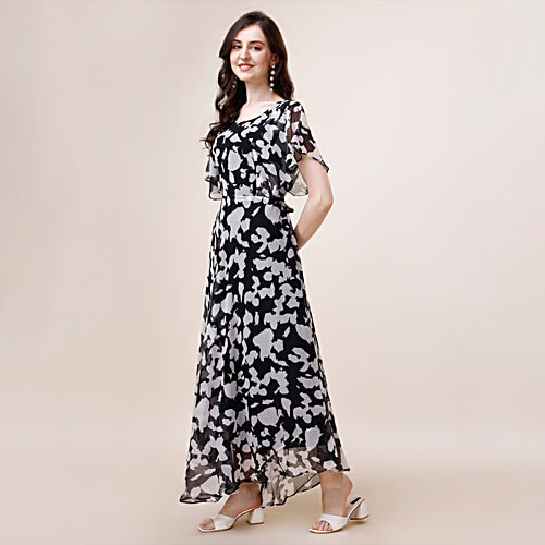 Fashion2wear Women Flutter Sleeves Abstract Printed Fit & Flare Maxi Dress - Black, 1 pc (Size - XXL) 