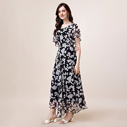 Fashion2wear Women Flutter Sleeves Abstract Printed Fit & Flare Maxi Dress - Black, 1 pc (Size - XXL) 