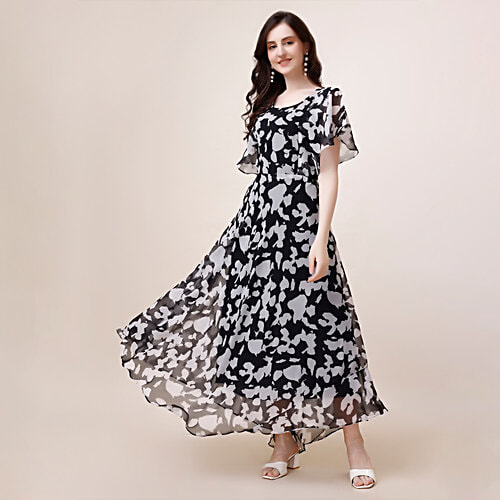 Fashion2wear Women Flutter Sleeves Abstract Printed Fit & Flare Maxi Dress - Black, 1 pc (Size - XXL) 