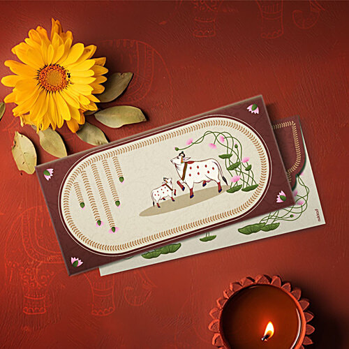 QIPS Nukkad Premium Shagun Envelopes - Cow & Calf With Lotus Print & Foil Detailing, 5 pcs