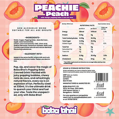 Boba Bhai Peachie Peach Drink With Mango Popping Boba & Nata De Coco, 250 ml Can 